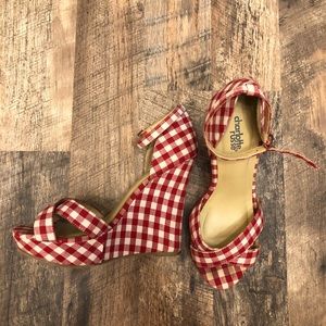 Gingham ankle strap wedge
